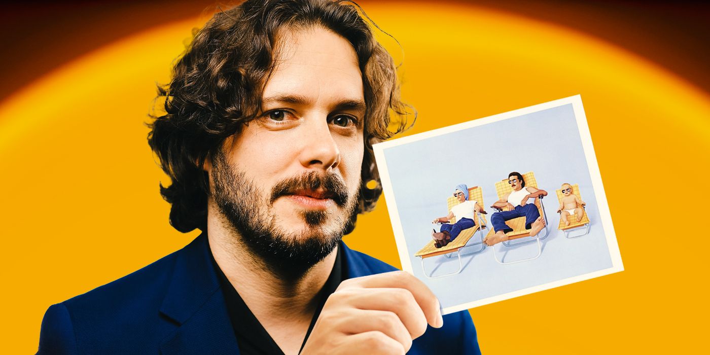 Director Edgar Wright holding up a photo of characters from the movie Raising Arizona.