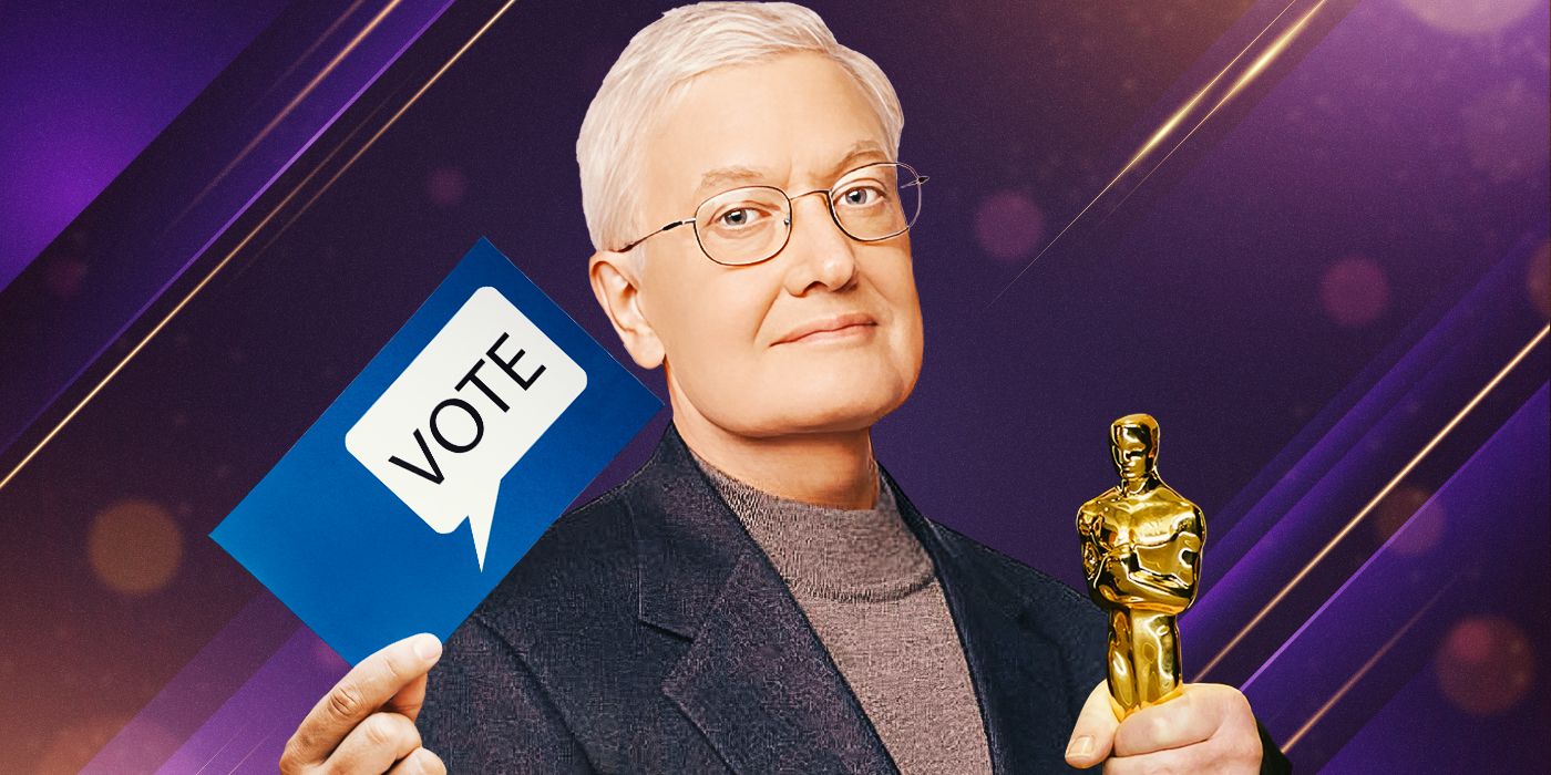 Film critic Roger Ebert holding an Academy Award and holding a card that says Vote.