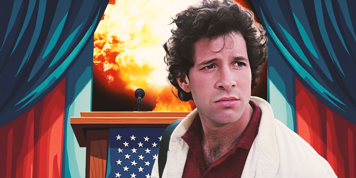 Steve Guttenberg as Stephen, standing in front of a podium with a nuclear explosion in the background.