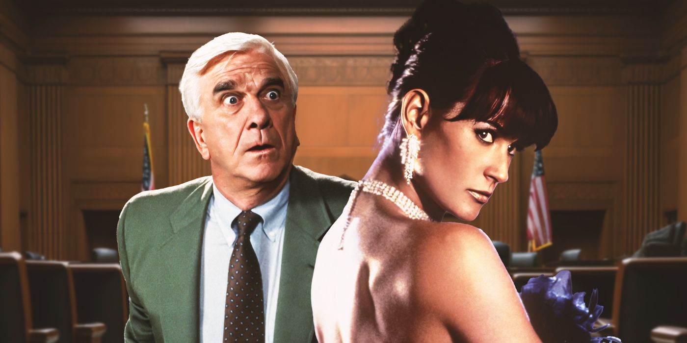 Leslie Nielsen as Frank Drebin, standing in a courtroom next to Demi Moore as Erin Grant from Striptease.