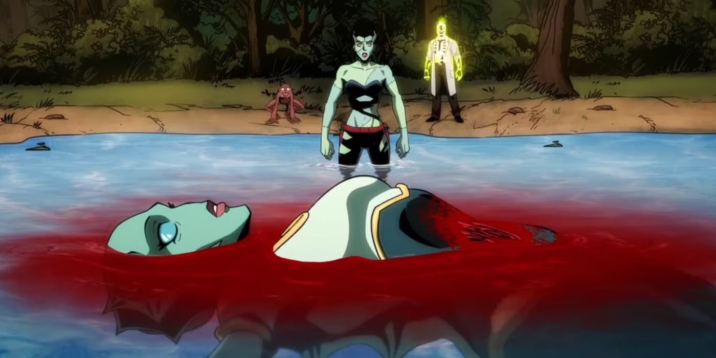 ​​​​​​​Nina (Zoe Chao)  bleeding in the water as the Bride (Indira Varma) watches in the Creature Commandos finale