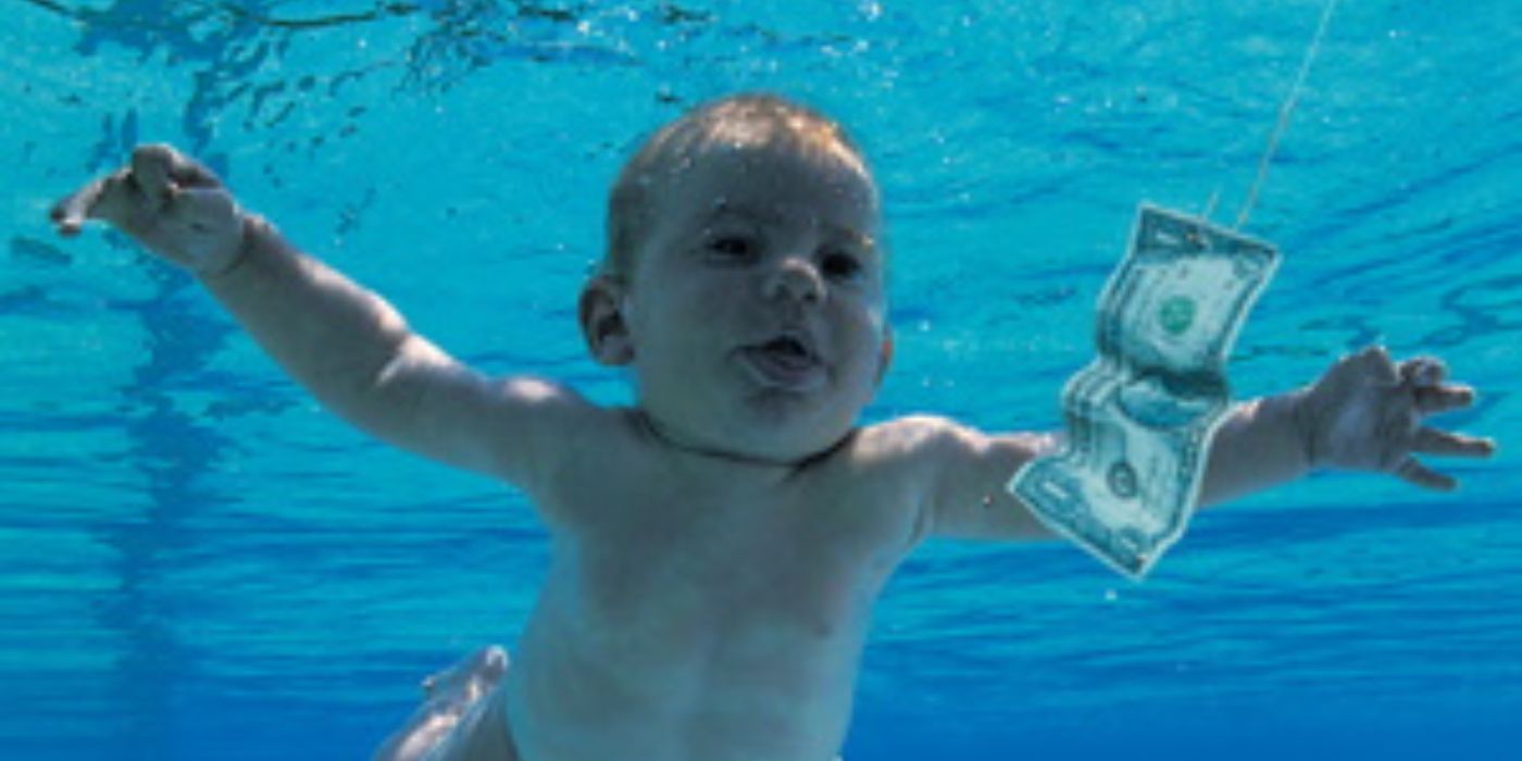 A baby floats underwater reaching for a dollar bill on Nirvana&rsquo;s album cover for Nevermind (1991).