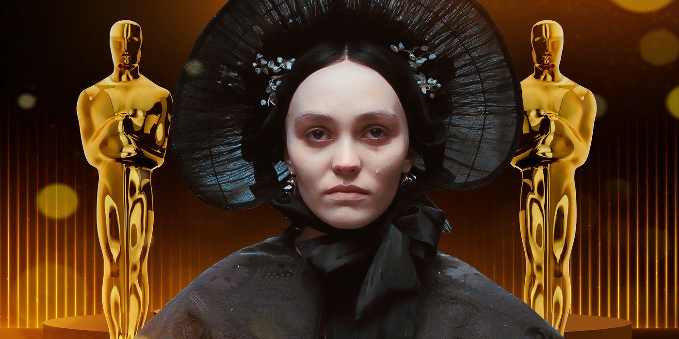 Lily-Rose Depp stands in front of two oscar statues as Ellen Hutter in Nosferatu
