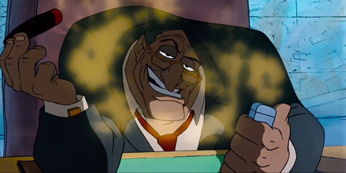 Bill Sykes surrounded by smoke and smiling in Oliver &amp; Company