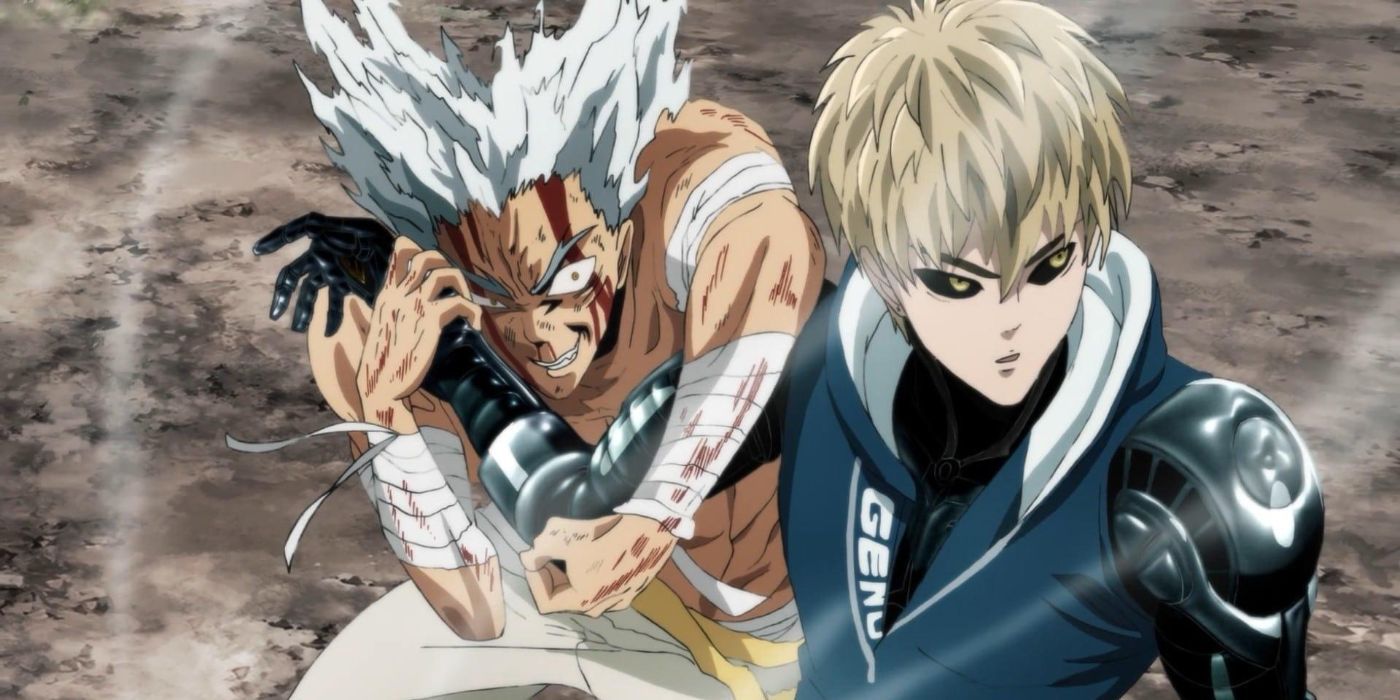 One character looks crazed and holds the arm of another character wearing a blue vest in One Punch Man.