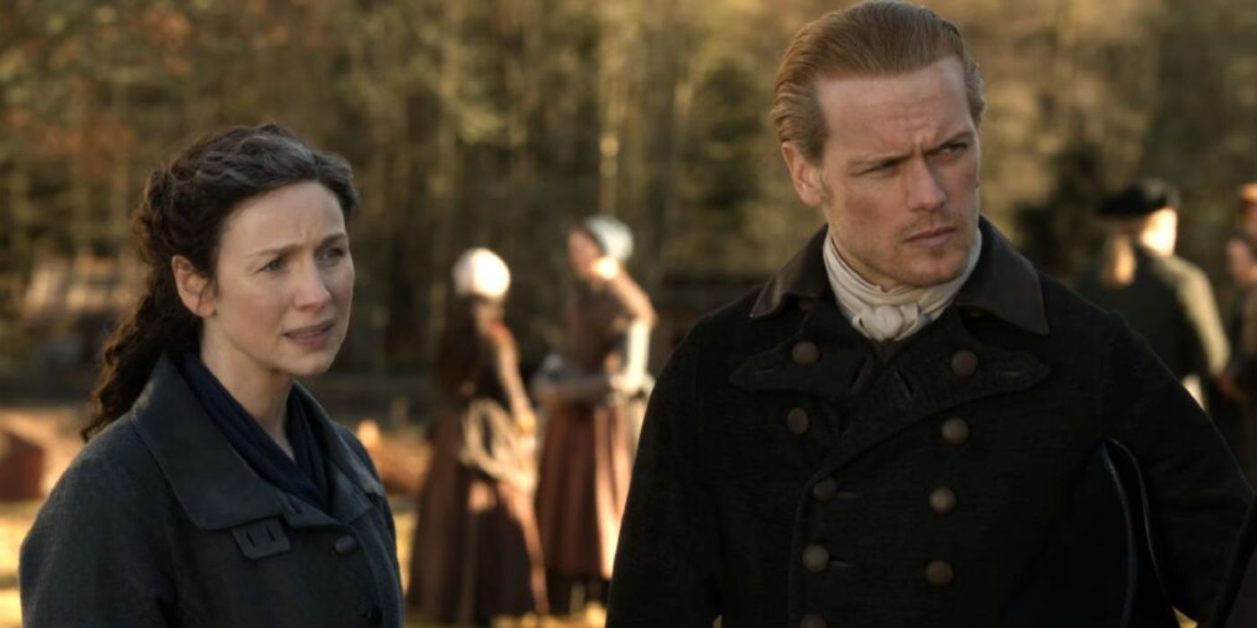 Caitríona Balfe as Claire, Sam Heughan as Jamie look concerned in Outlander, The World Turned Upside Down.