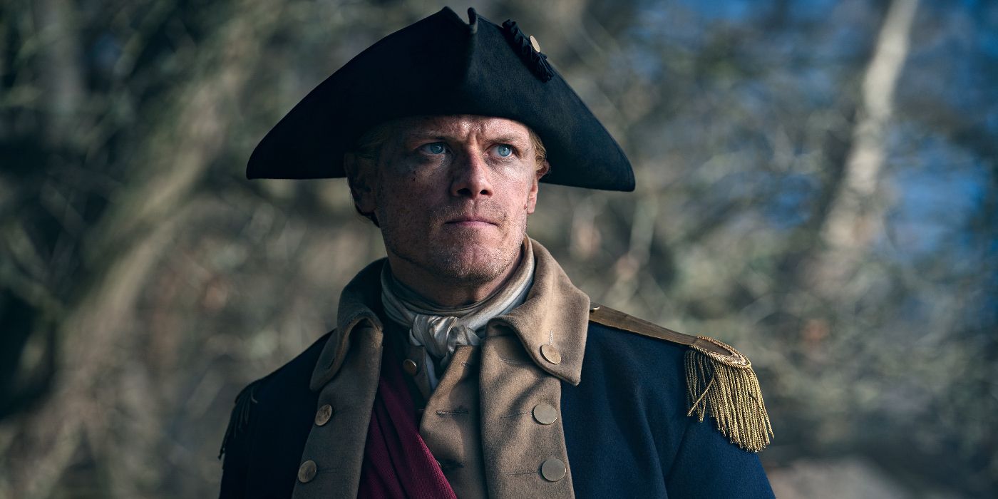 Sam Heughan looking resigned in his Continental uniform