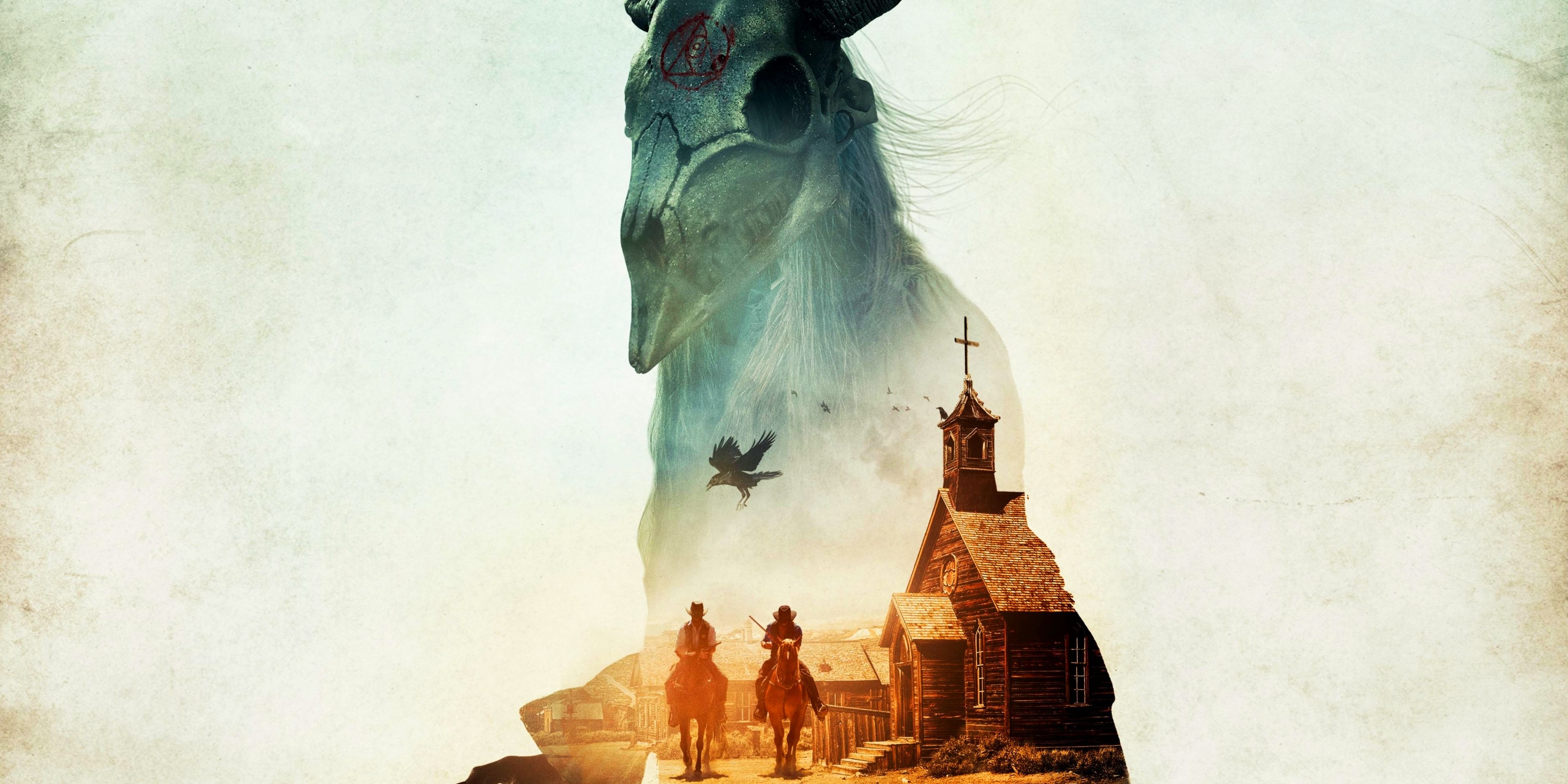 A cloaked figure wearing an animal skull mask above an old Western town where two men ride on horseback.