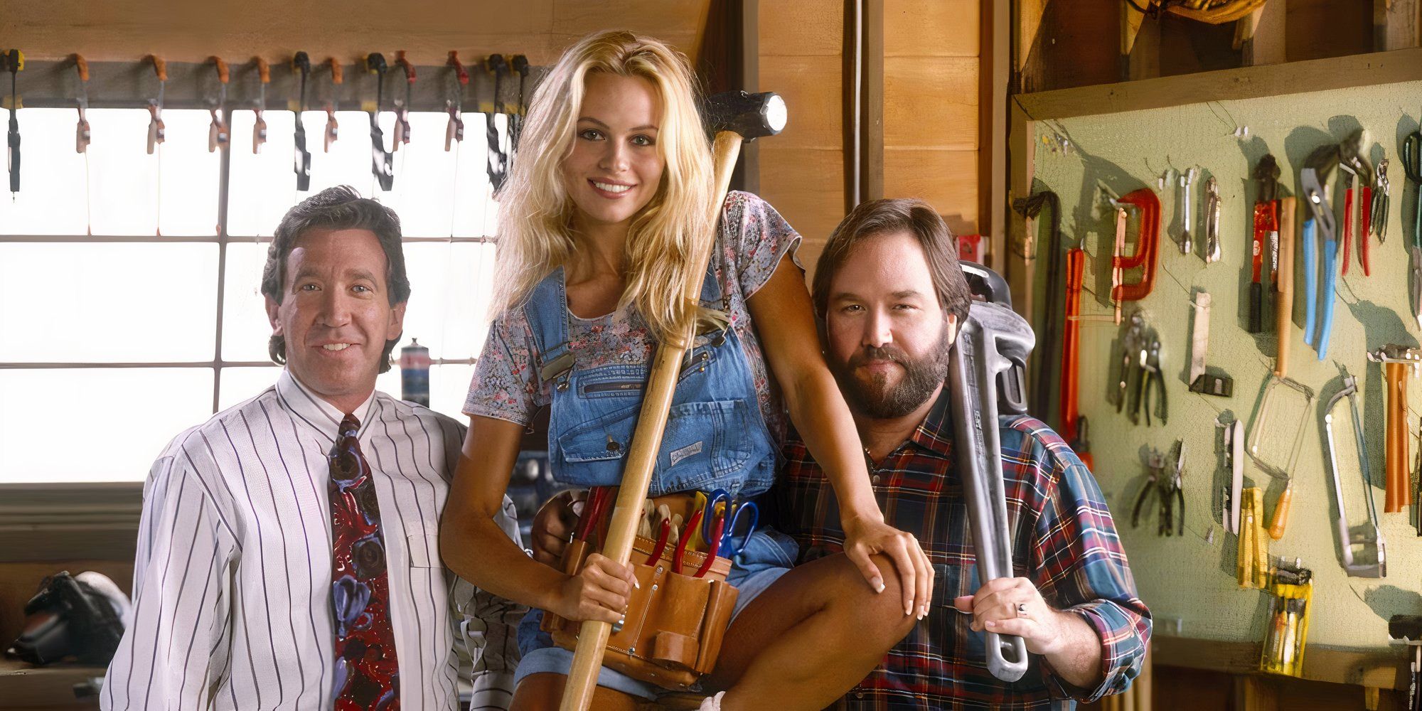 Pamela Anderson alongside two men in Home Improvement