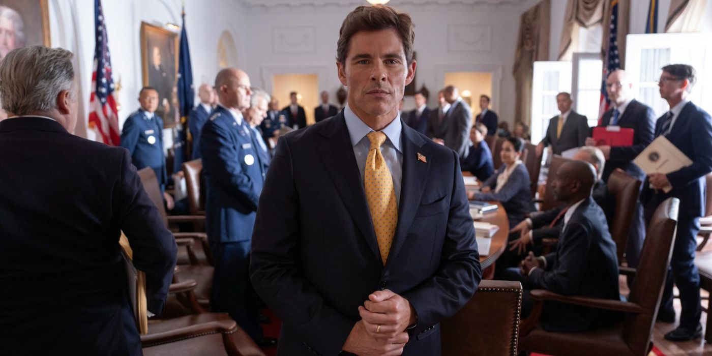 President Bradford (James Marsden) standing in a crowded White House room in Paradise