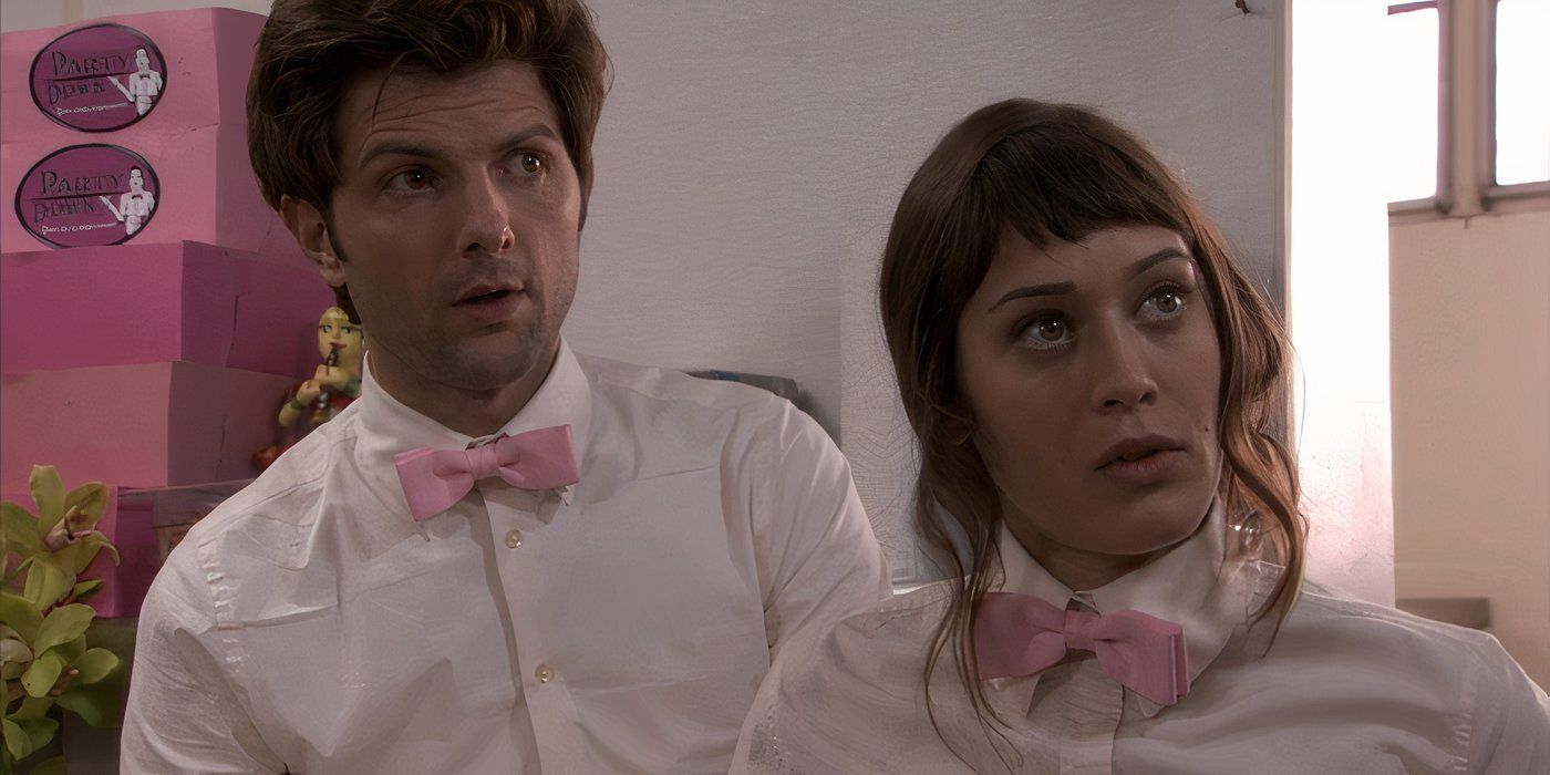 Adam Scott and Lizzy Caplan in uniform in &lsquo;Party Down&rsquo;