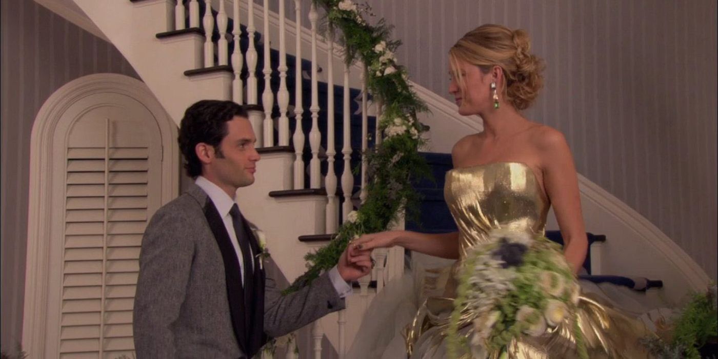 Penn Badgley and Blake Lively in formal wear in the Gossip Girl finale