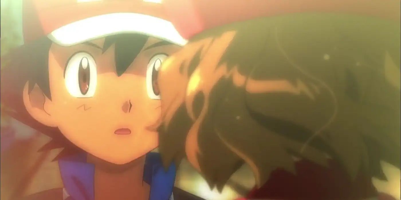 Ash looks shocked after Serena kisses him in Pokémon.