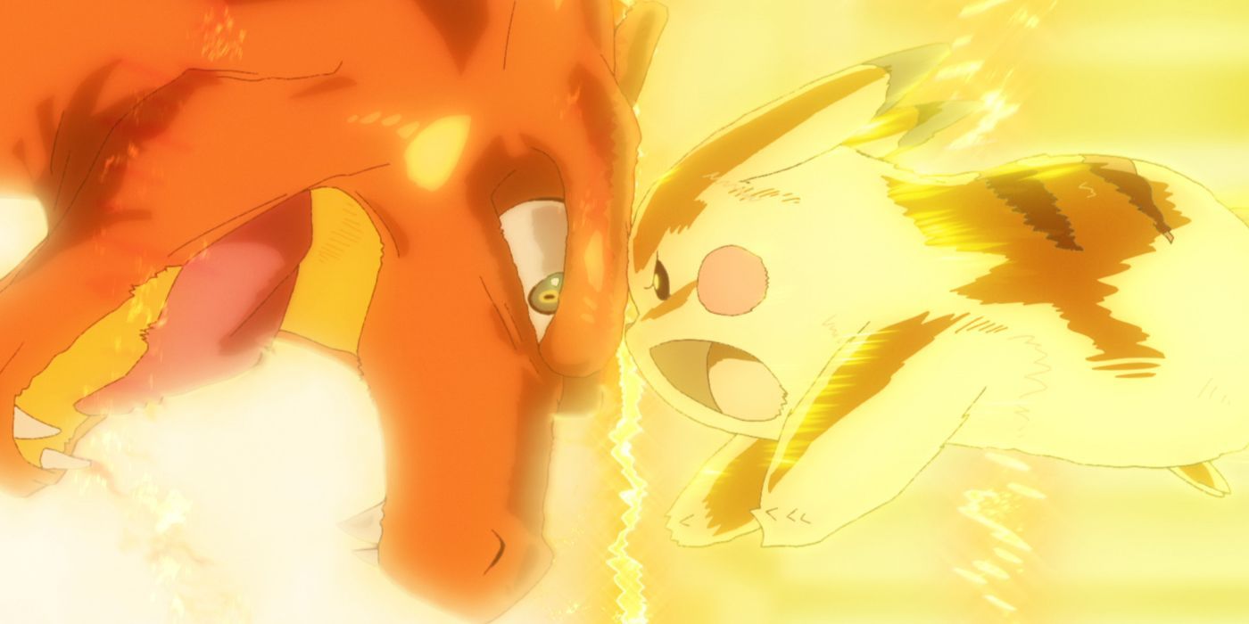 Pikachu charges at Leon&rsquo;s Charizard in Pokémon.