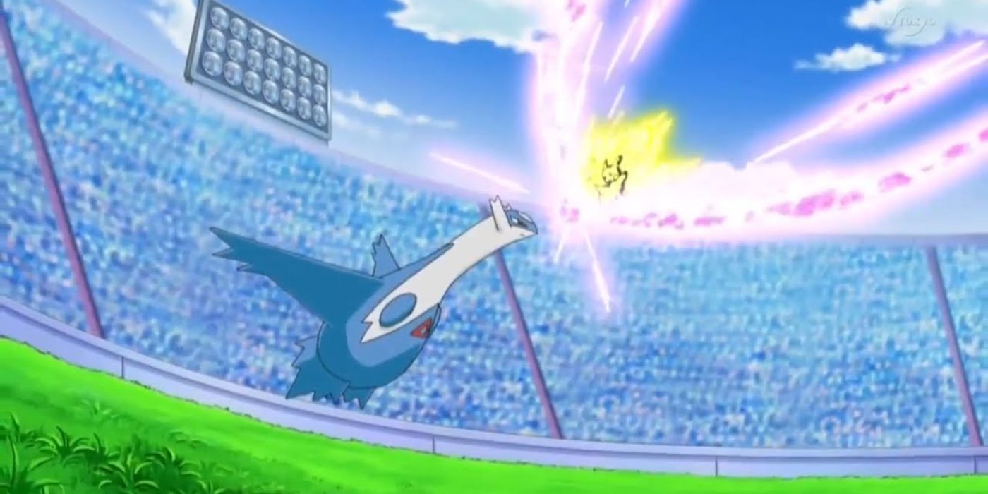 Pikachu breaks through Latios' attack in Pokémon.