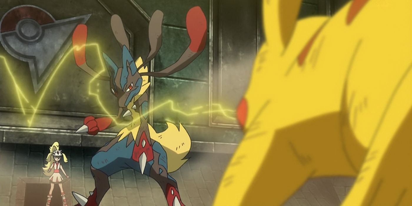 Pikachu faces off against Korrina and her Mega Lucario in Pokémon.