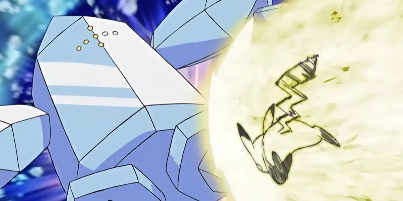Pikachu uses Volt Tackle on Regice in Pokémon.