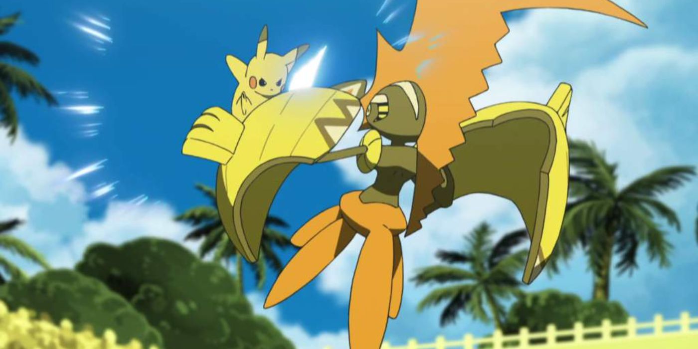 Pikachu uses Iron Tail on Tapu-Koko in Pokémon.
