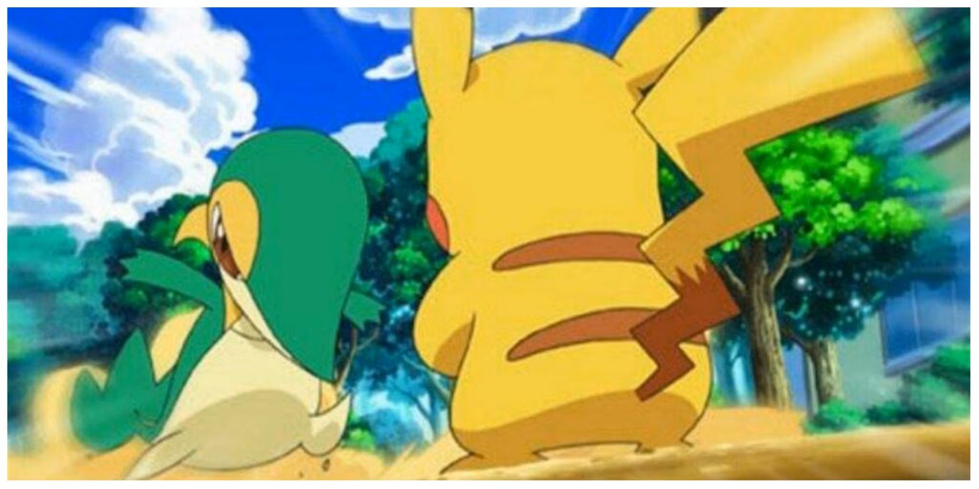 Trip&rsquo;s Snivy attacks Ash&rsquo;s Pikachu in Pokémon.