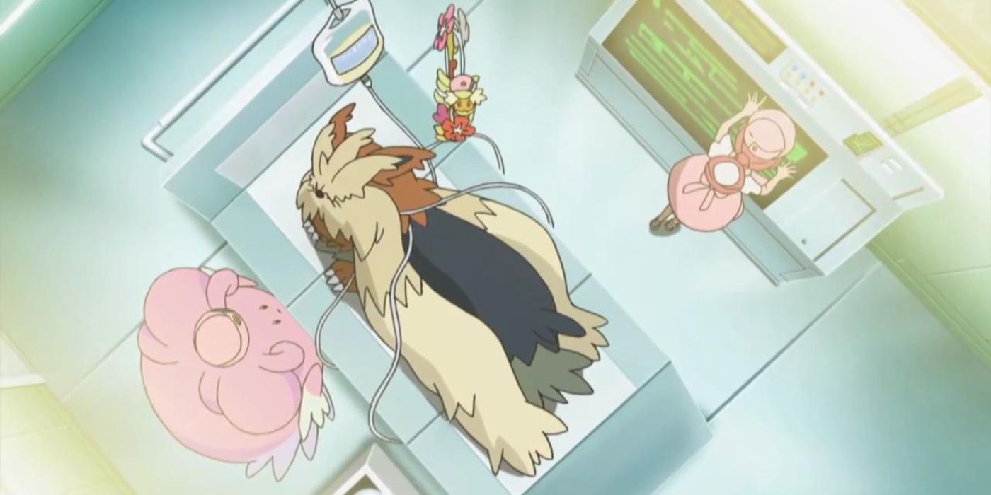 Stoutland lies on a hospital bed while being attended to by Nurse Joy, her Blissy, and her Comfey.