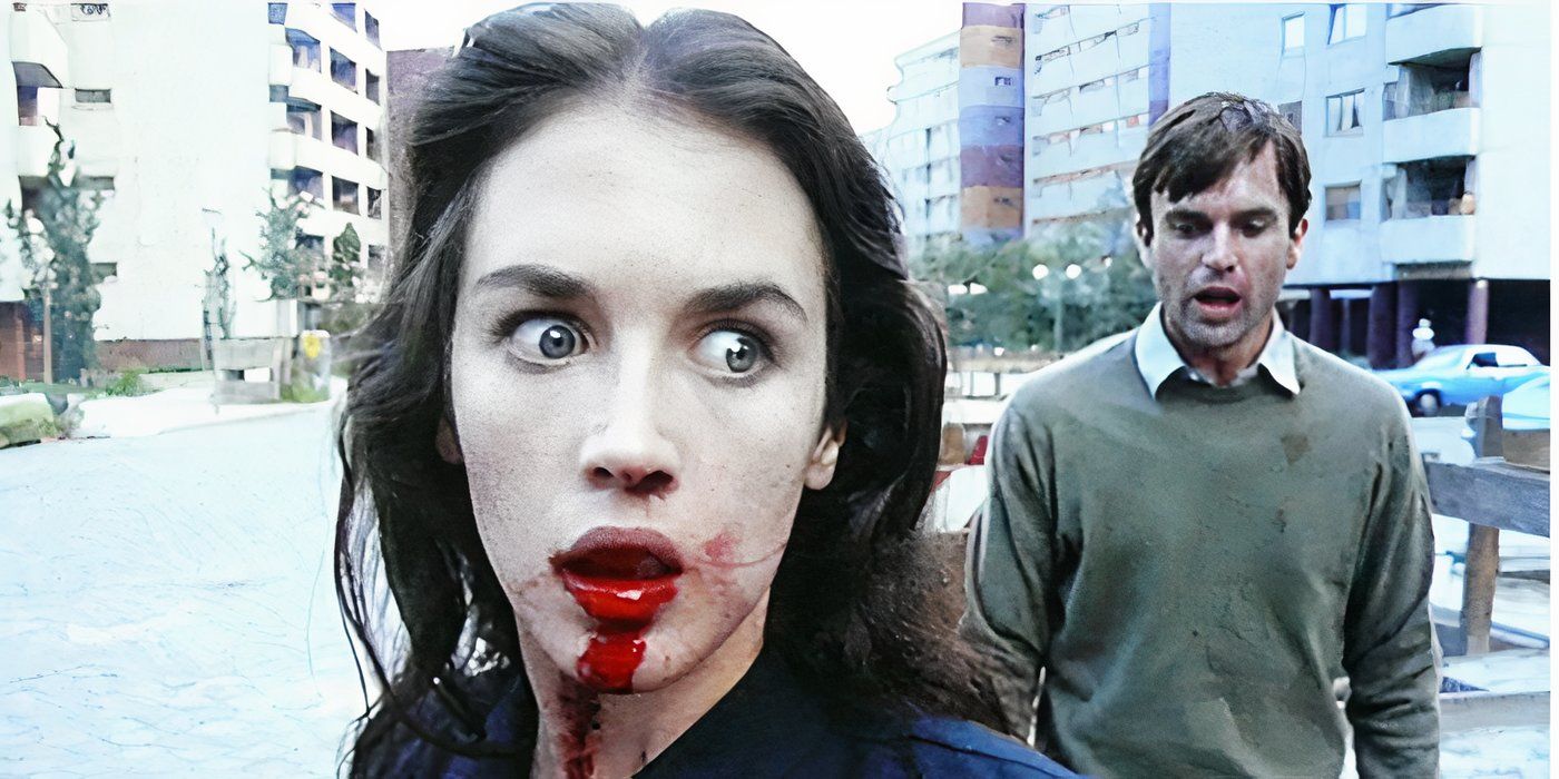 Sam Neill standing behind Isabelle Adjani, who has blood on her mouth, in Possession