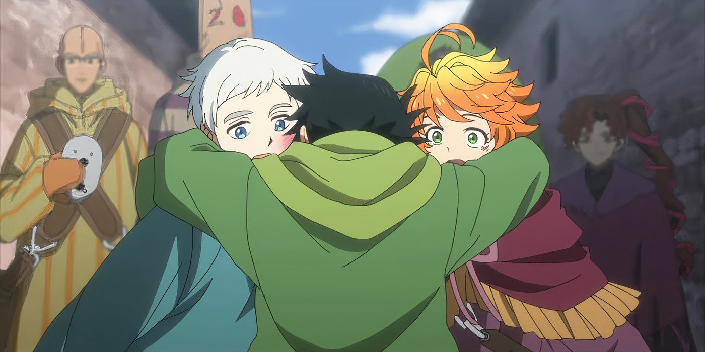 The Promised Neverland's main characters hugging.