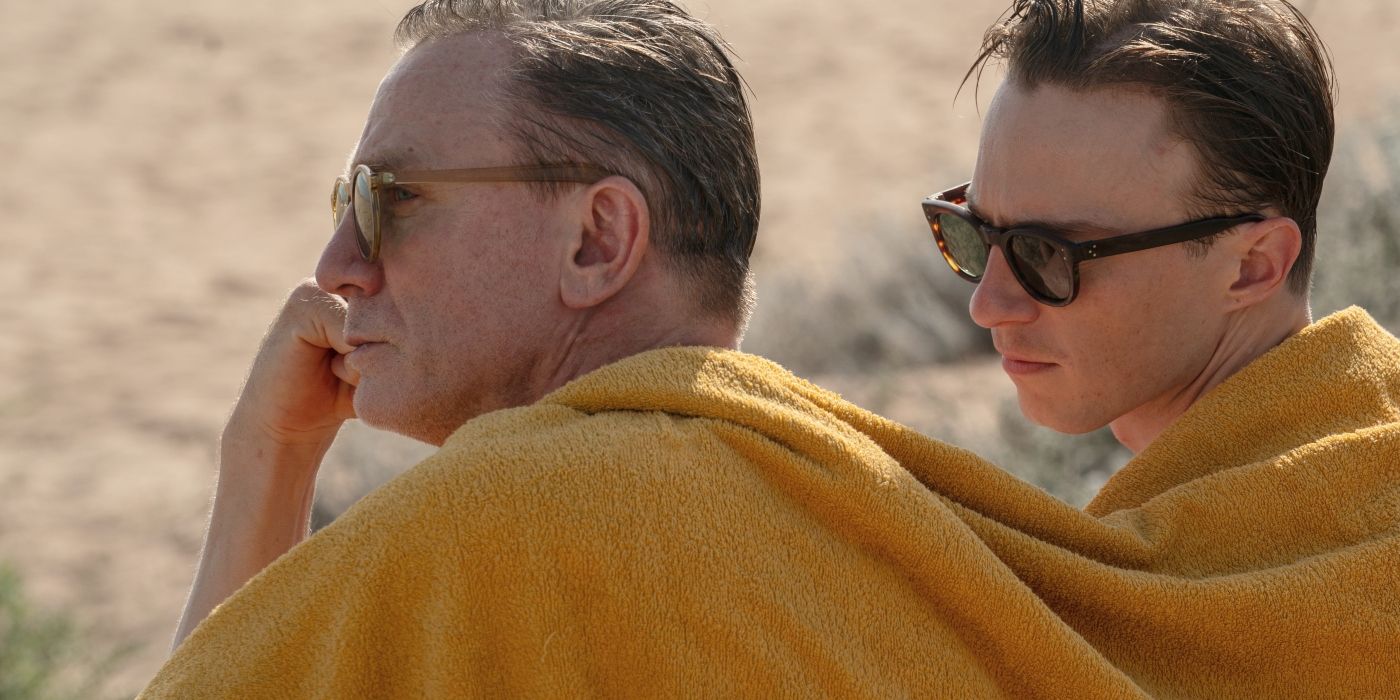 Daniel Craig and Drew Starkey sit, sharing a towel, on the beach in Luca Guadagnino's 'Queer'