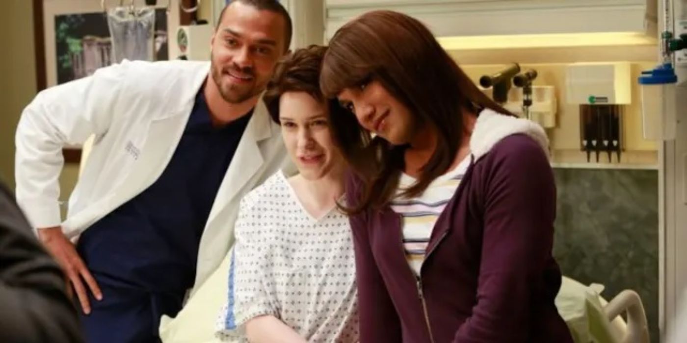 Rachel Brosnahan as Brian Weston poses for a photo with a doctor and a friend in a hospital in Grey's Anatomy.