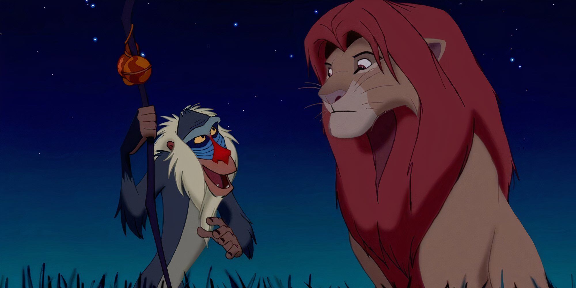 rafiki and an adult simmba are having a conversation at night. 