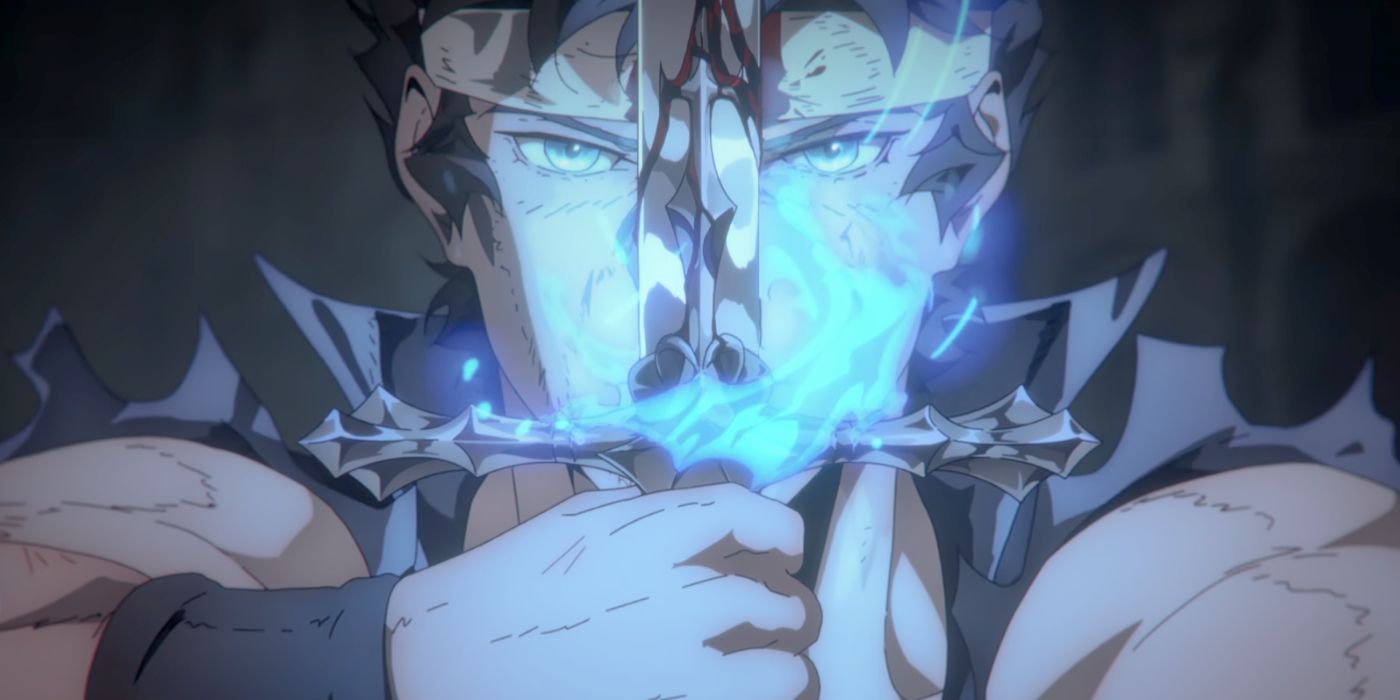 Richter Belmont (Edward Bluemel) wielding Alucard's (James Callis) sword in the final battle of 'Castlevania: Nocturne' Season 2.