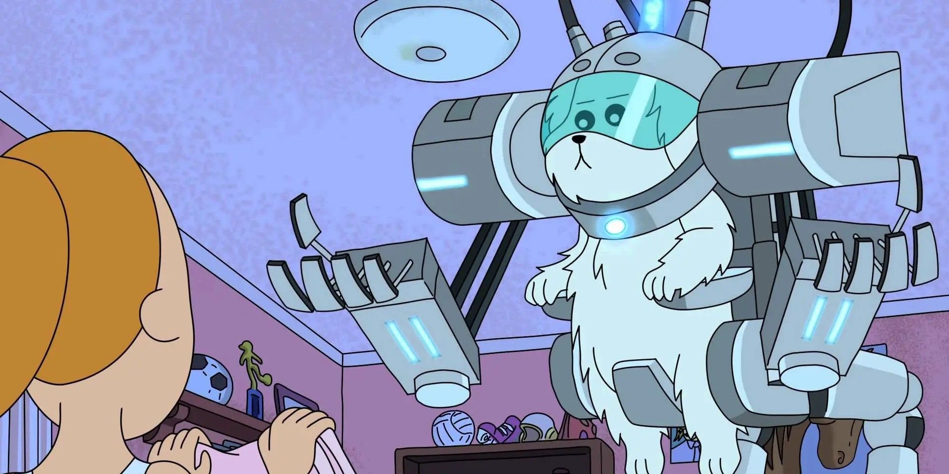 A small white dog in a large robot mech standing imposingly over Summer in the 'Rick and Morty' episode 'Lawnmower Dog'