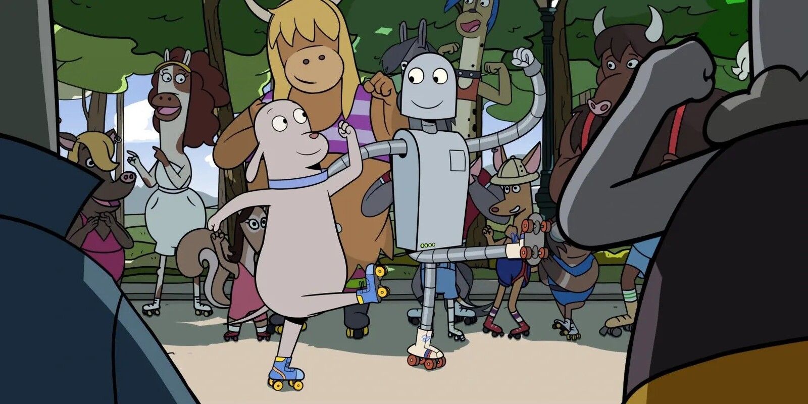 Dog and Robot dancing together while wearing roller skates in the middle of a large crowd of various animal people in 'Robot Dreams'