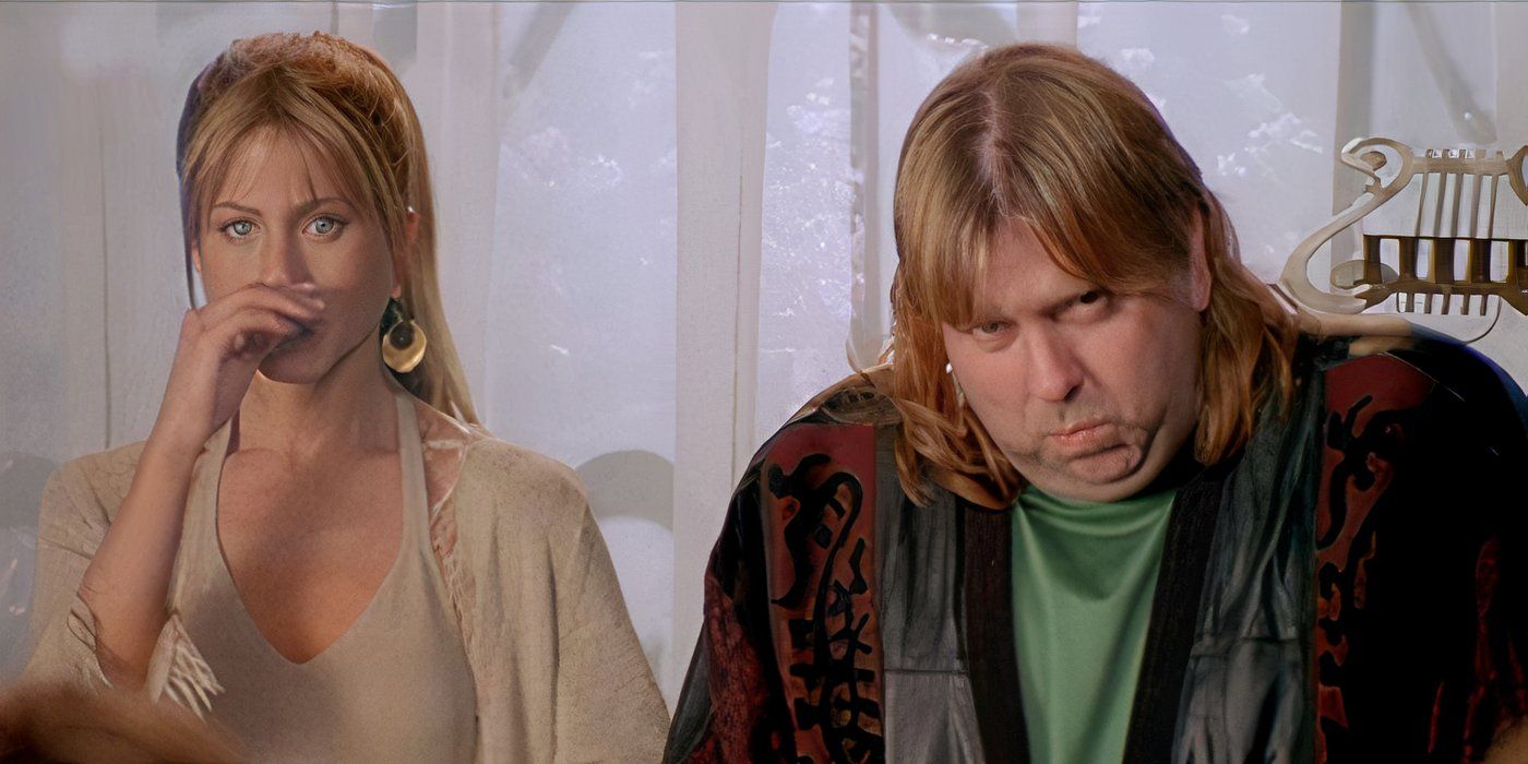 Jennifer Aniston covers her nose while Timothy Spall looks annoyed in 'Rock Star' (2001)