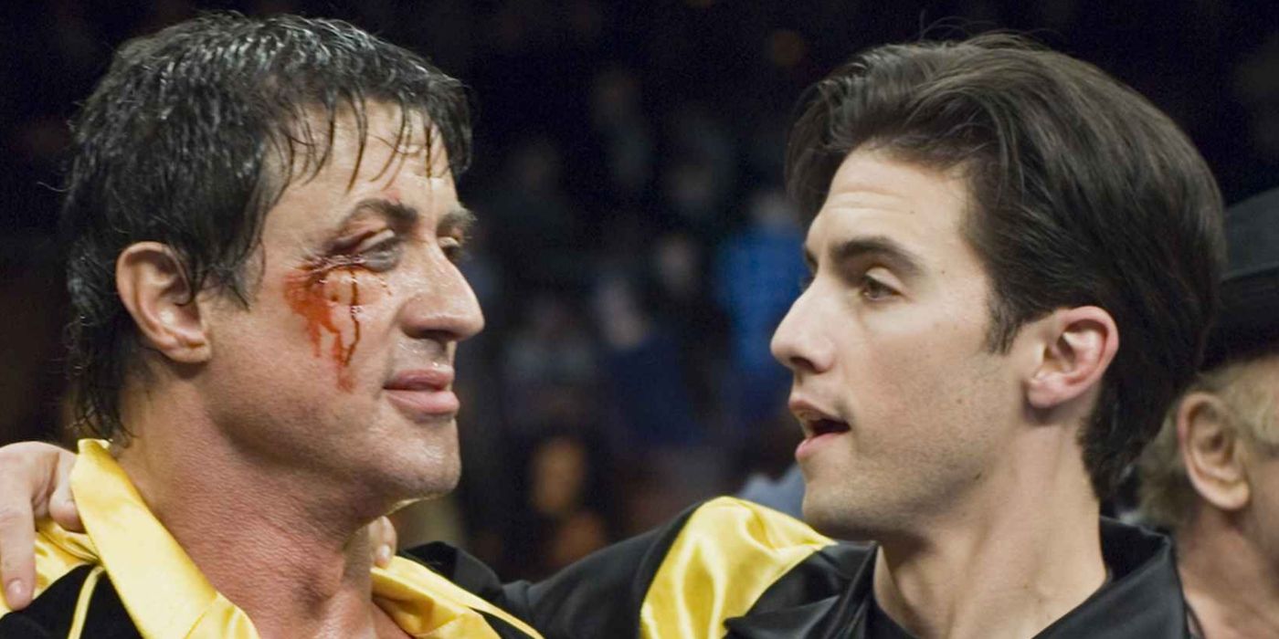 A bloody Sylvester Stallone next to Milo Ventimiglia in Rocky Balboa.