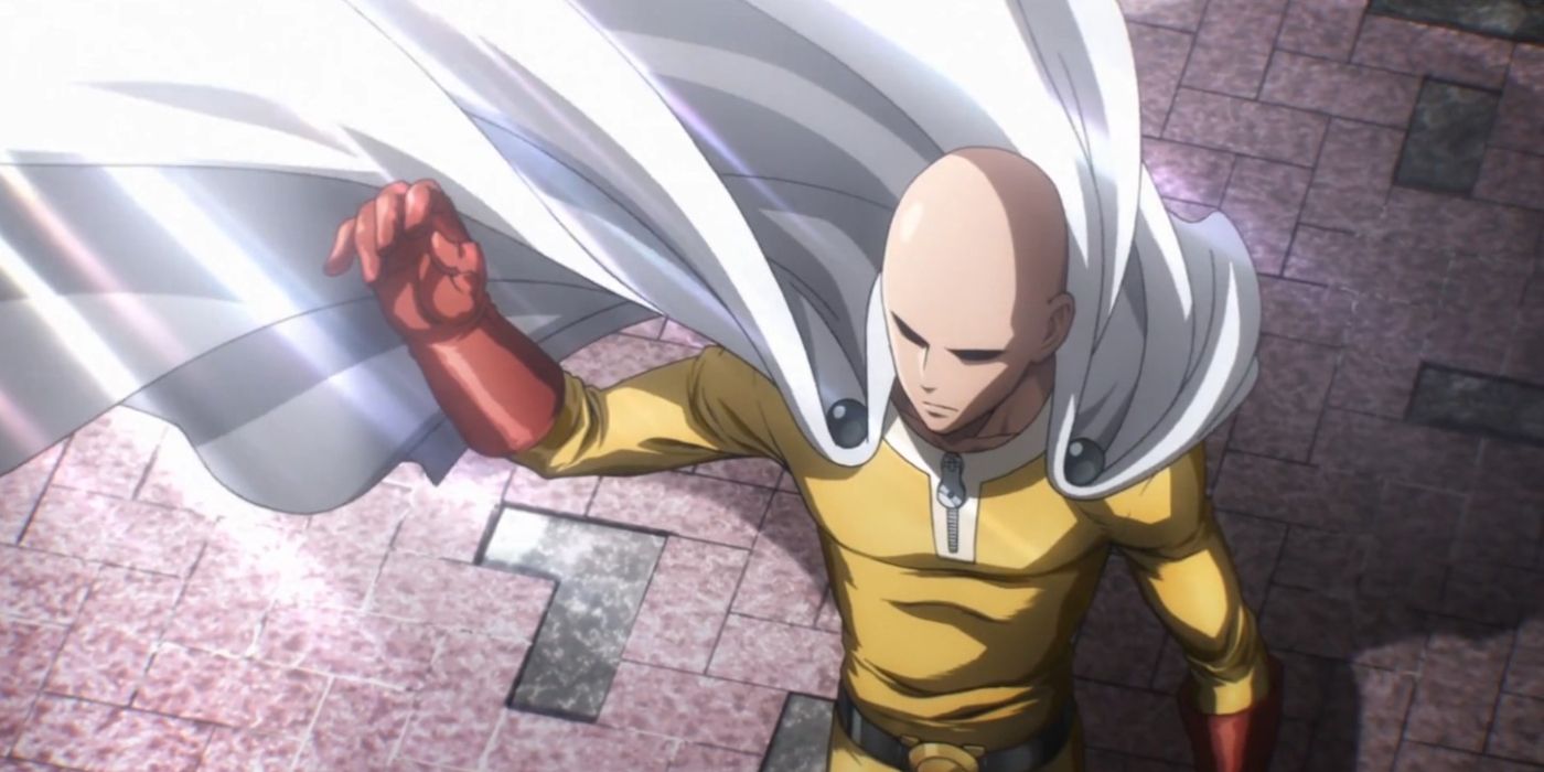 Saitama aka One Punch Man arrives to destroy monsters and flings his white cape to the side in a super cool way