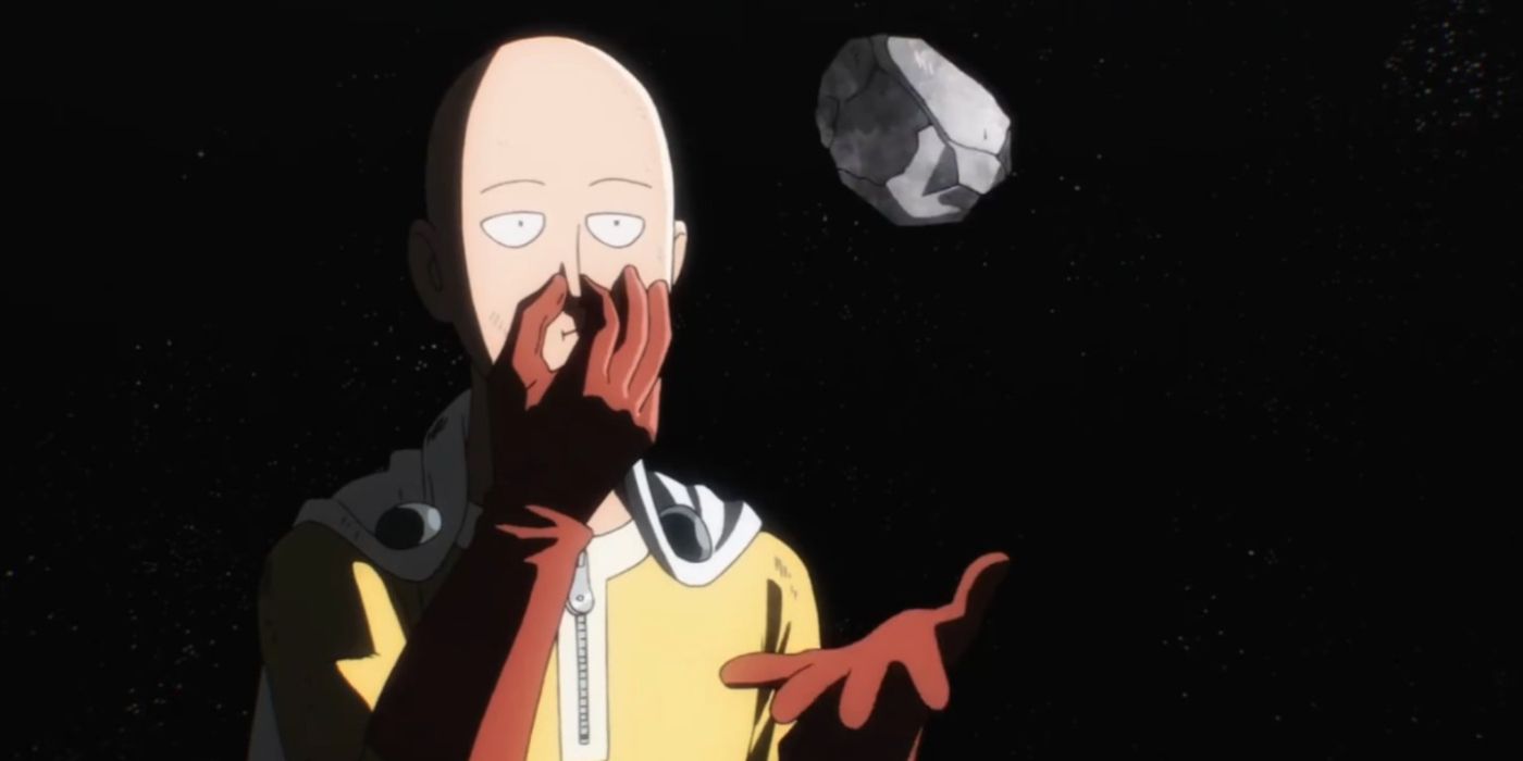 Saitama holding his breath and throwing a moon rock up and down in season 1, episode 12, of One Punch Man.