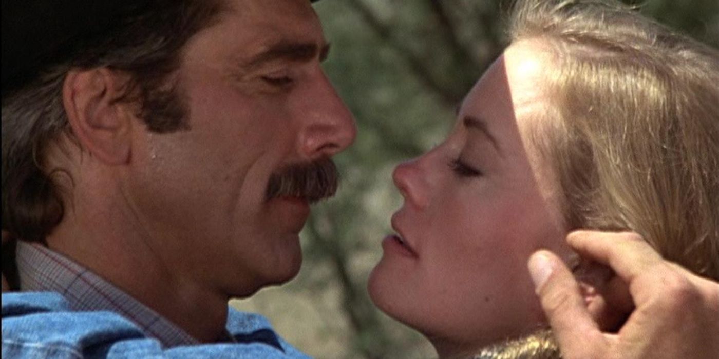 Sam Elliott and Cybill Shepard embracing in the soap opera Western &lsquo;The Yellow Rose&rsquo;.