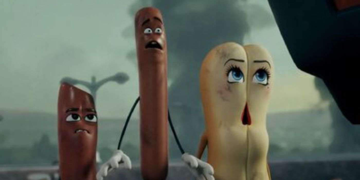 Two hot dogs and a bun look up, scared, in Sausage Party Foodtopia.