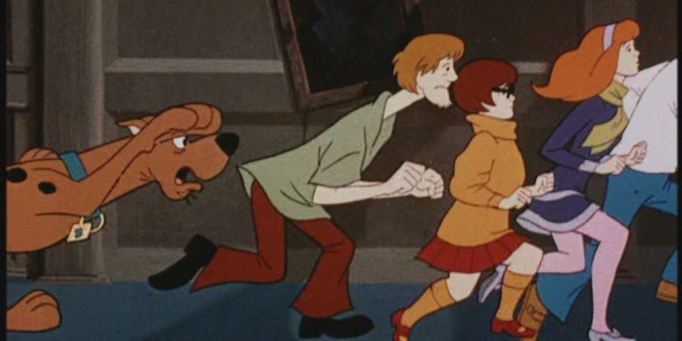 The characters run away from something looking scared in the animated series Scooby-Doo, Where Are You!