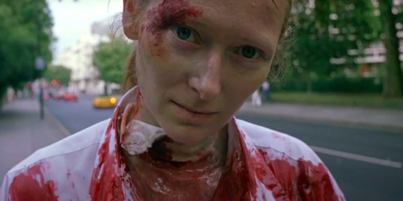 Tilda Swinton stares into the camera, drenched in blood, to recreate a real murder in director Luca Guadagnino&rsquo;s first film, The Protagonists (1999).