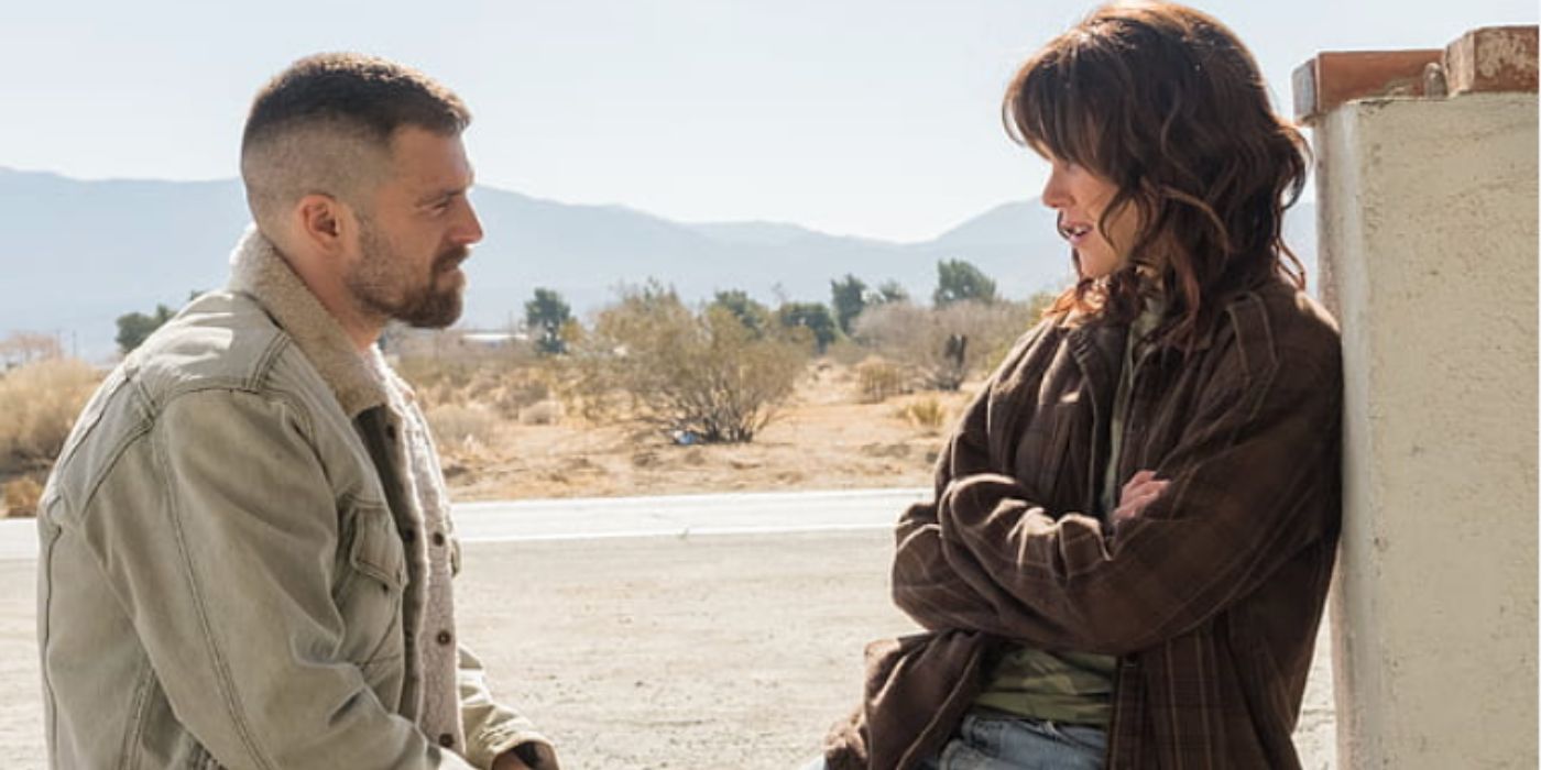 Sebastian Stan and Nicole Kidman as Chris and Erin wearing a white and brown jacket talking outside in &lsquo;Destroyer&rsquo;