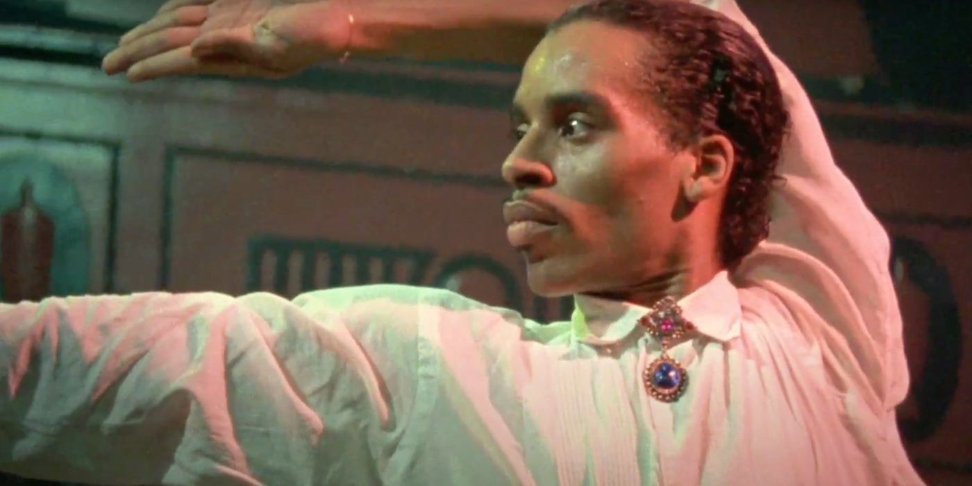 Willi Ninja vogues during a ball in the LGBTQ documentary Paris is Burning (1990).
