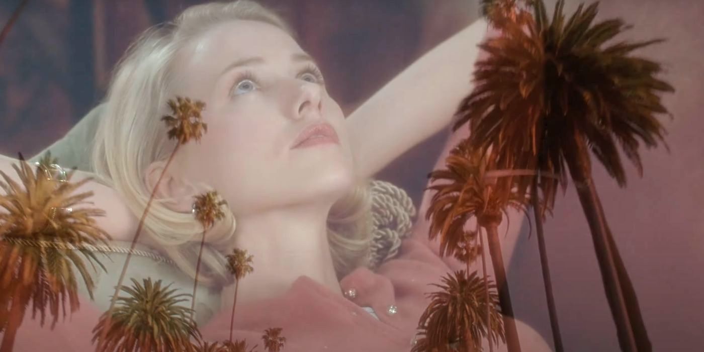 Los Angeles palm trees dissolve into Betty (Naomi Watts) in Mulholland Drive. 