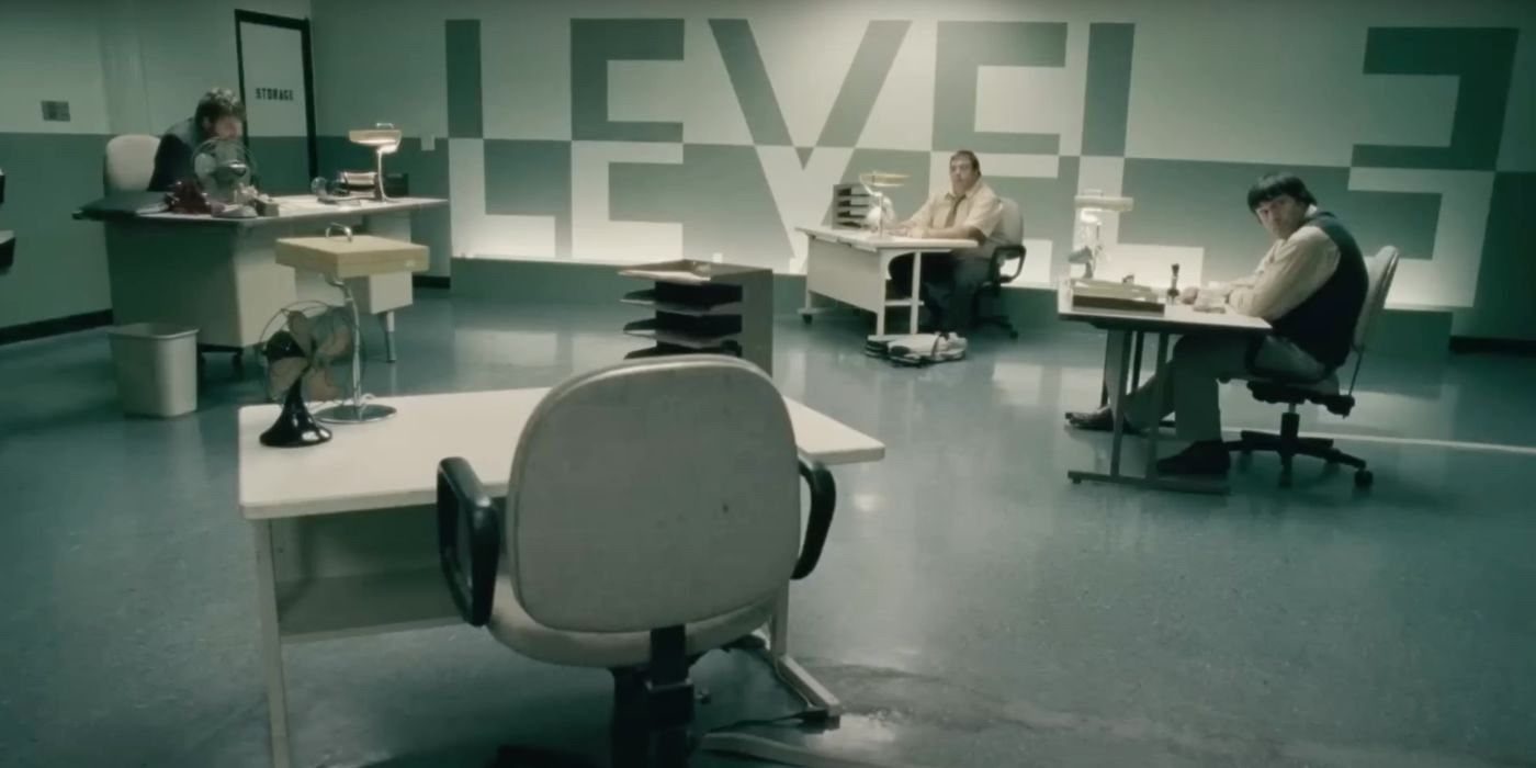 The sparse layout of Level 3 at a mysterious company in the dark comedy Visioneers (2008).