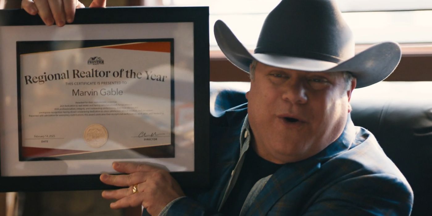 Sean Astin as Cliff Cussik wearing a cowboy hat and holding a framed diploma in Love Hurts.