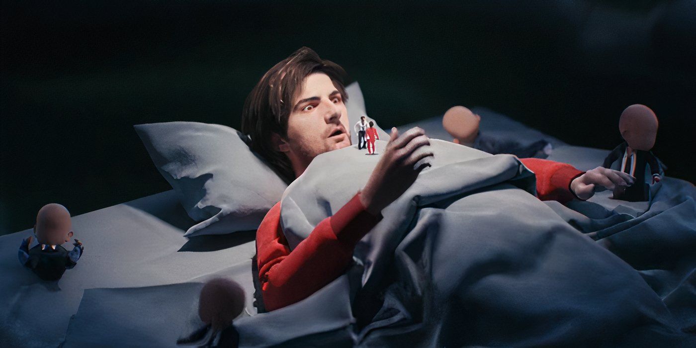 Mark wakes up in his bed surrounded by faceless babies in a still from Apple TV's 'Severance' Season 2 title sequence.