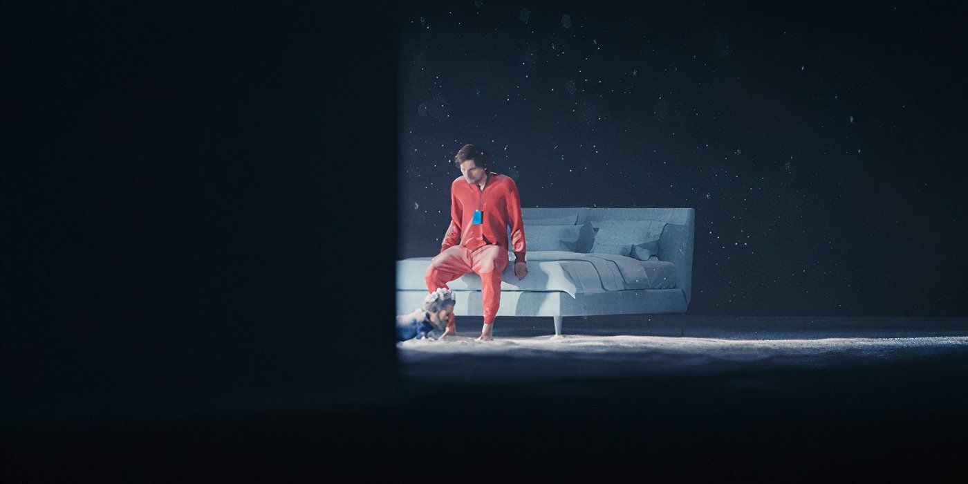 Pajama Mark watches a baby version of Kier Eagan crawl by his feet in a still from Apple TV&rsquo;s &lsquo;Severance&rsquo; Season 2 title sequence.