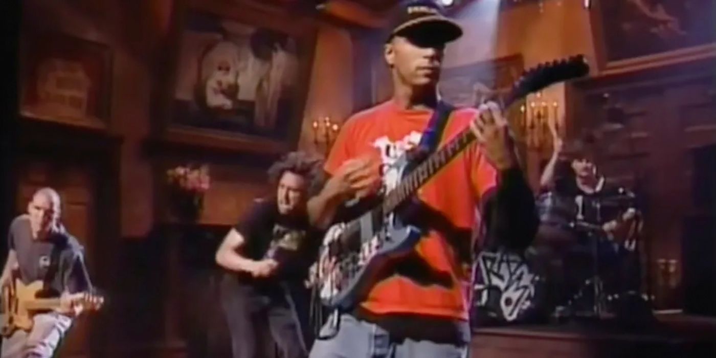 A close-up of the guitarist as Rage Against the Machine performs on Saturday Night Live.