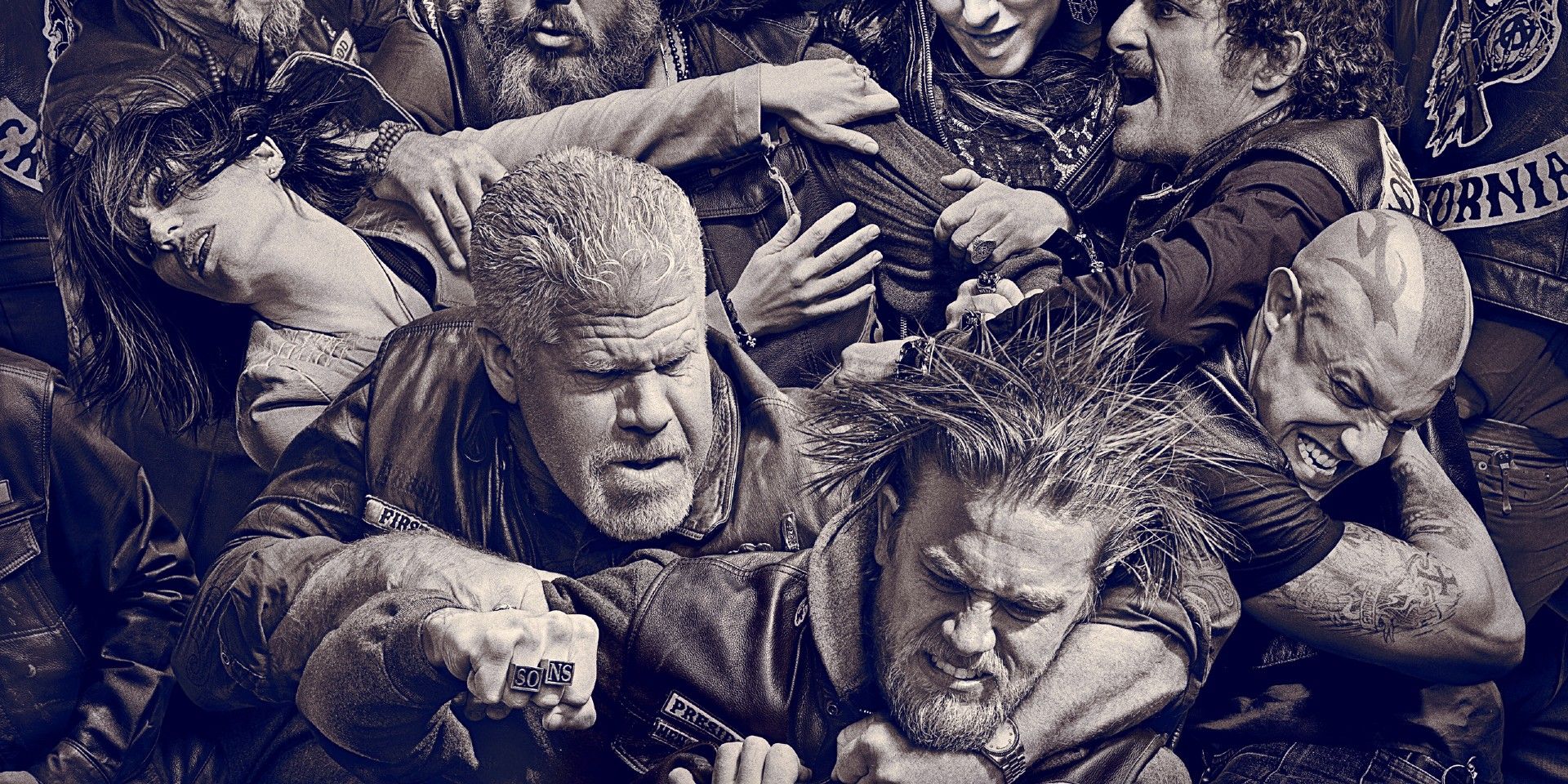 Sons of Anarchy Season 6 poster featuring all the main characters fighting.