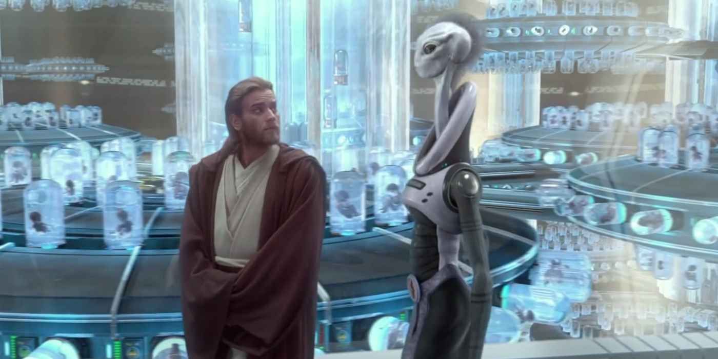 Obi-Wan Kenobi (Ewan McGregor) views the cloning factory on Kamino in Star Wars: Attack of the Clones